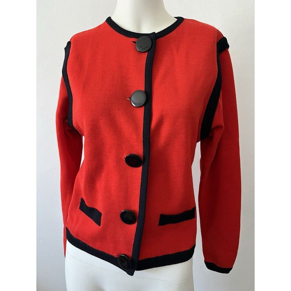 Vintage Liz Claiborne Red Black Trim Cardigan Sweater SP Twee Office Siren Mod